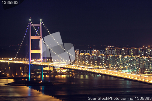 Image of Beautiful night scenes of Tsing Ma Bridge in Hong Kong. 