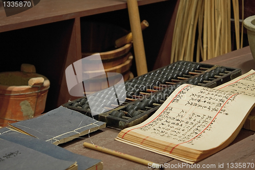 Image of abacus and book on the table in a chinese old shop 