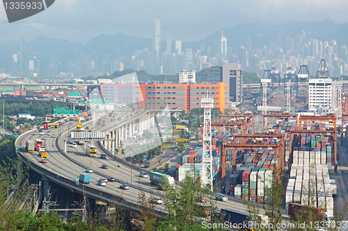 Image of container terminal and stonecutter bridge in Hong Kong 