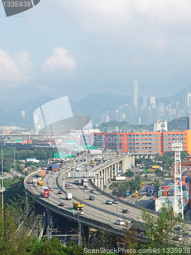 Image of container terminal and stonecutter bridge in Hong Kong 