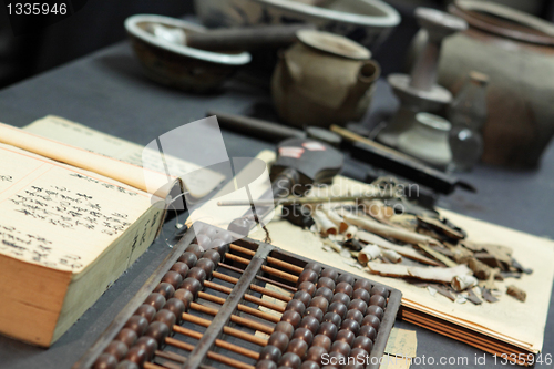 Image of abacus and book on the table in a chinese old shop