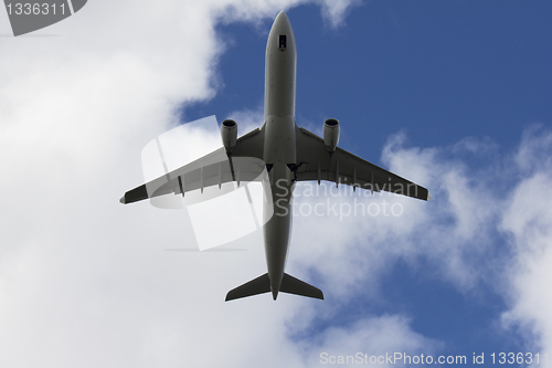 Image of A commercial airplane flying over