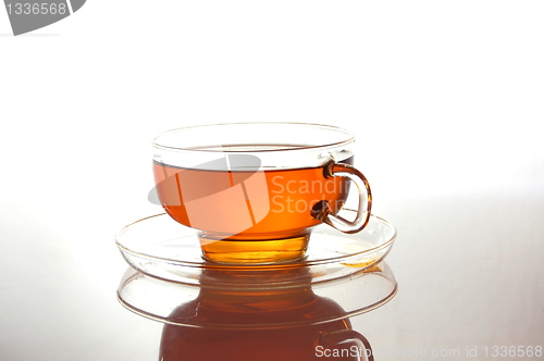Image of cup of tea on white with reflection