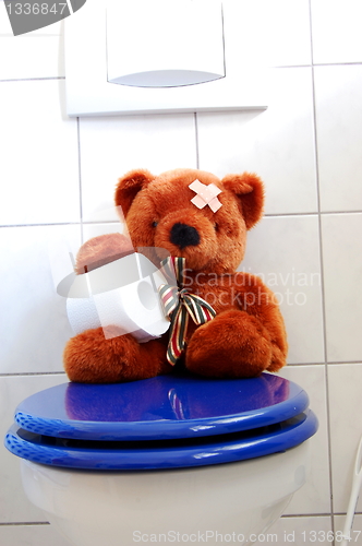 Image of toy teddy bear on wc toilet