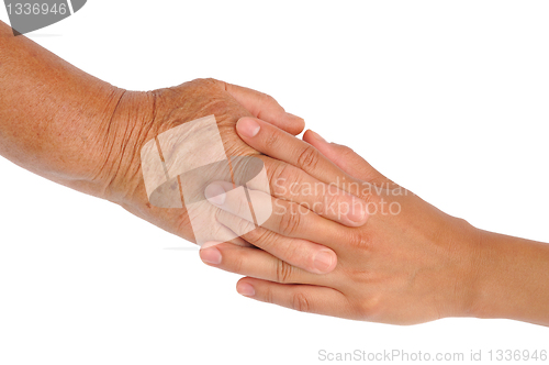 Image of Hands of young and senior women - helping hand concept - clipping path included