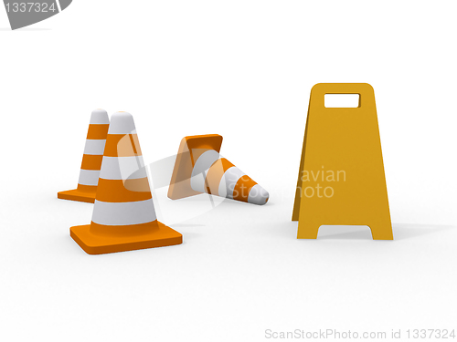 Image of 3d illustration of traffic cone knock over on white background 