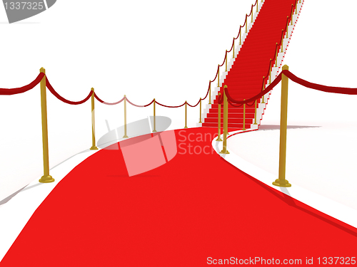 Image of image on the staircase with red carpet, illuminated
