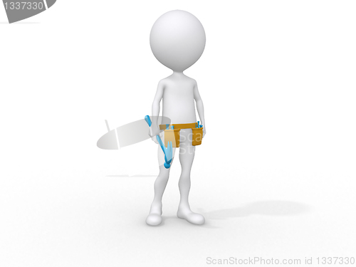 Image of young handyman with tool belt and his hammer, 3d image