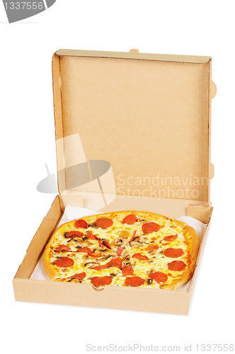 Image of Pizza  with  pepperoni in a box