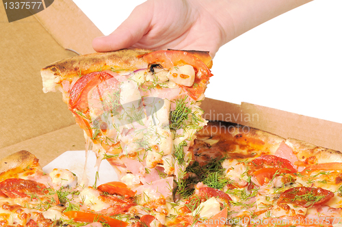 Image of Pizza in a box and slice of pizza in hand