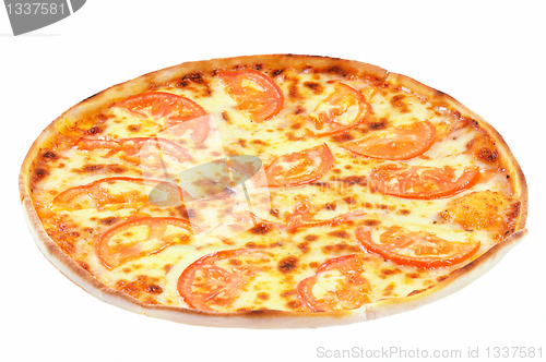 Image of Vegetarian pizza  with cheese and tomatoes.