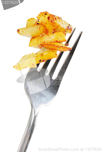 Image of Fried potatoes  on  a fork