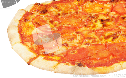 Image of Vegetarian pizza  with cheese and tomatoes.