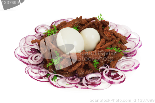 Image of Meat sticks decorated in the form of bird nest