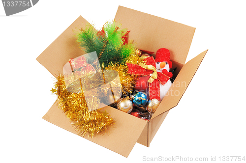 Image of Box with Christmas decorations