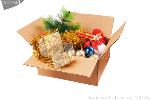 Image of Box with Christmas decorations