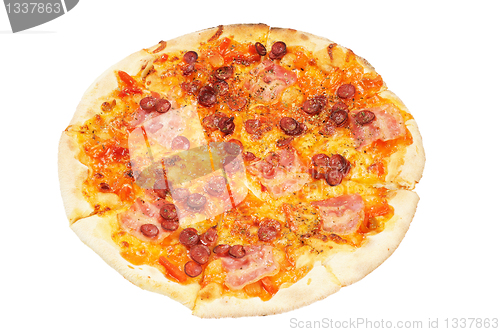 Image of A whole pizza  with  sausage  and bacon