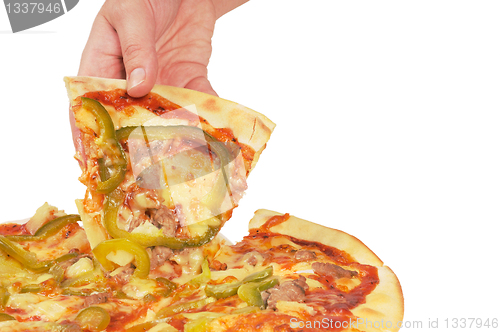 Image of Pizza and slice of pizza in hand