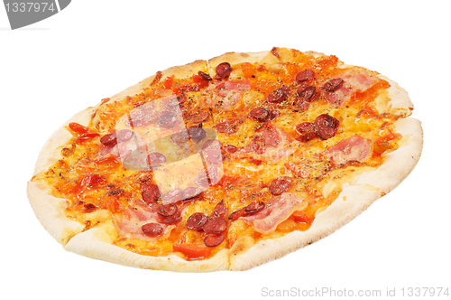 Image of A whole pizza  with  sausage  and bacon