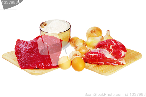 Image of Beef, mutton, flour, onions and eggs.