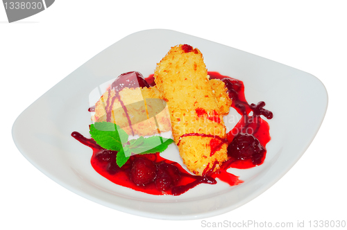 Image of Cheese sticks in strawberry sauce on a plate