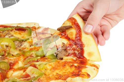 Image of Pizza and slice of pizza in hand