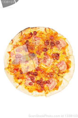 Image of A whole pizza  with  sausage  and bacon