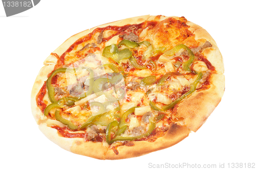 Image of Pizza with  cheese, meat, pepper  and  ketchup