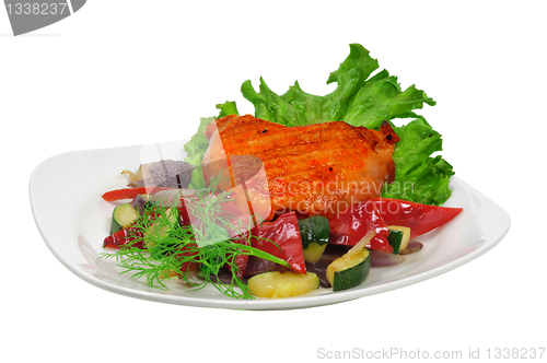 Image of Fried chicken on a plate with vegetables