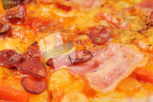 Image of Pizza with  sausage  and bacon, background