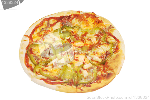 Image of Pizza with  cheese, meat, pepper  and  ketchup