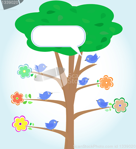 Image of Greeting card with birds under tree. vector