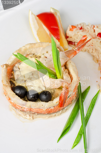 Image of fish with rice and vegetables