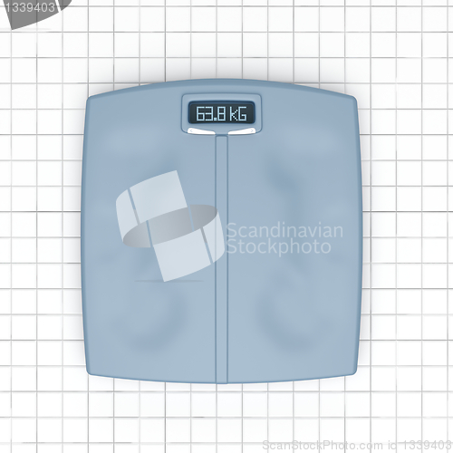 Image of Weight scale on white tiled floor