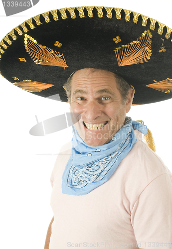 Image of middle age senior tourist male wearing Mexican somebrero hat cow