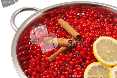 Image of Red currant berries and ingredients for making jam