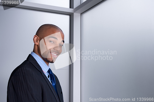 Image of Smiling businessman beside a window