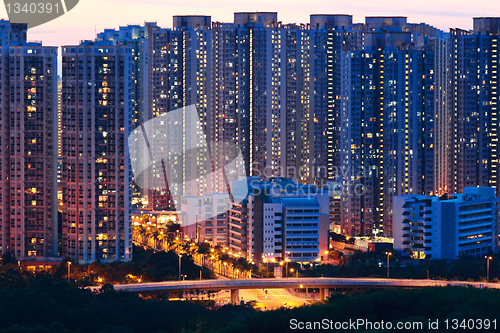 Image of apartment building at night