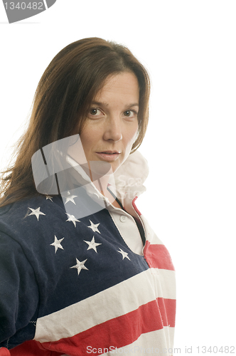 Image of cute middle age woman patriotic American flag rugby shirt
