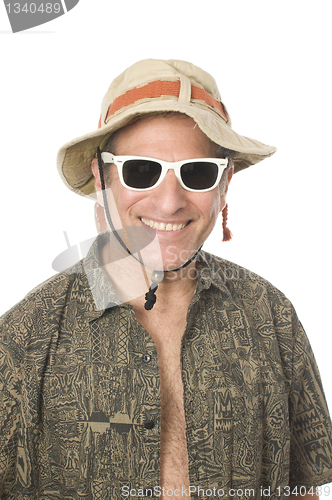 Image of senior tourist wearing funny hat sunglasses