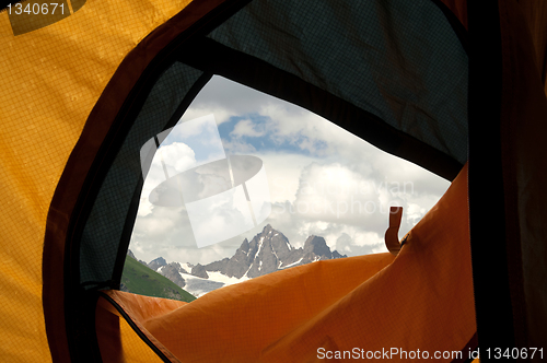 Image of View from tent on mountains