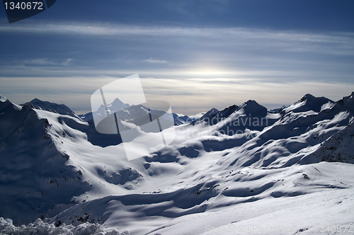 Image of Caucasus Mountains. View from Elbrus in evening.