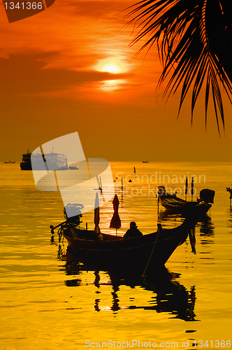 Image of Sunset with palm and boats on tropical beach