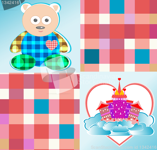 Image of magical fairytale pink castle and cute bear vector
