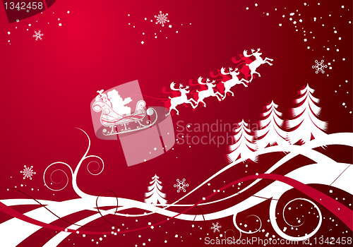 Image of Christmas background with santa and deers, vector