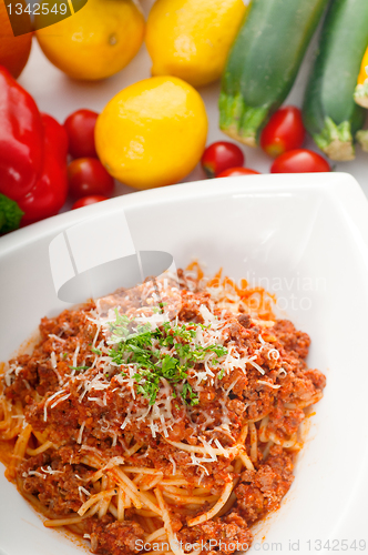 Image of spaghetti pasta with bolognese sauce