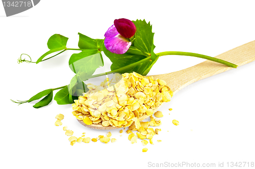 Image of Pea flakes in a spoon with a flower