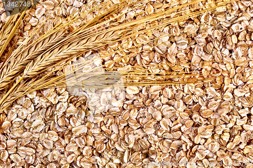 Image of The texture of rye flakes with stalks of rye