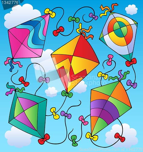 Image of Various flying kites on blue sky