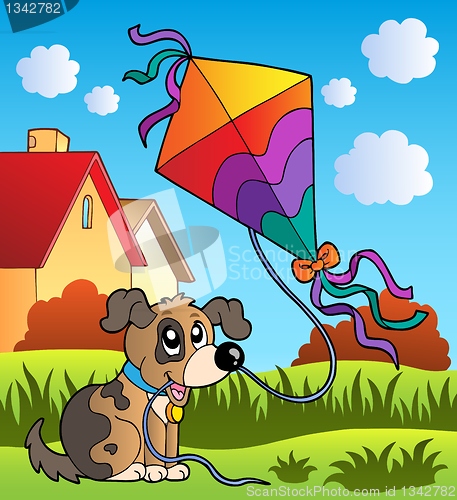 Image of Autumn scene with dog and kite